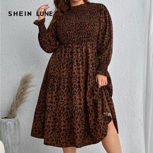 Brown Leopard Print Smocked Dress by Emery Rose (SHEIN) – Size 1XL Midi Dress